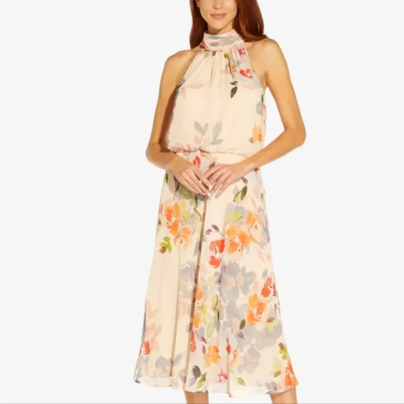 Adrianna Papell | Dresses | Adrianna Floralprint Chiffon Midilength Blouson  Halter Dress | Poshmark